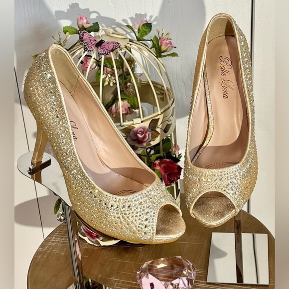 BELLA LUNA Gold Glitter Iridescent Rhinestone Peep Toe High‎ Heel Pumps - Size 9 - Picture 1 of 16